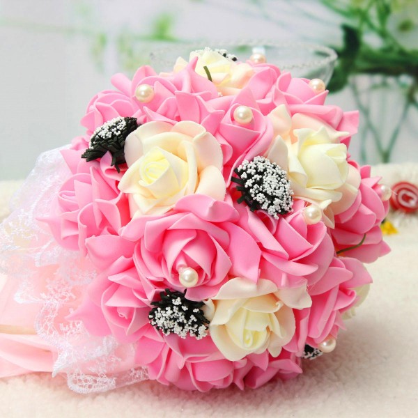 Handmade Rose Flower Artificial Flowers Bridal Wedding Bouquet Brooch Crystal Pearls Flowers