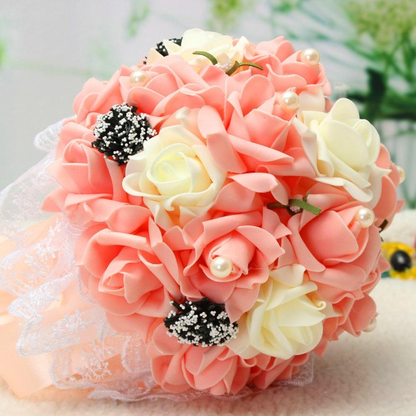 Handmade Rose Flower Artificial Flowers Bridal Wedding Bouquet Brooch Crystal Pearls Flowers