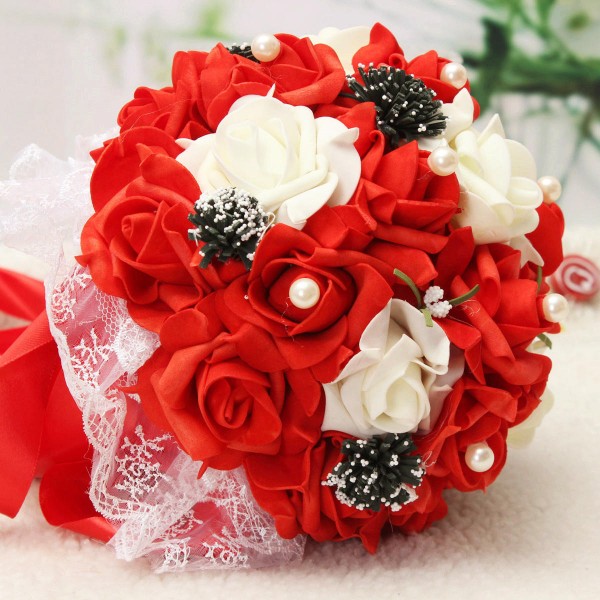 Handmade Rose Flower Artificial Flowers Bridal Wedding Bouquet Brooch Crystal Pearls Flowers