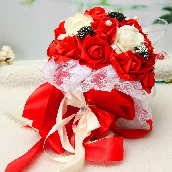 Handmade Rose Flower Artificial Flowers Bridal Wedding Bouquet Brooch Crystal Pearls Flowers