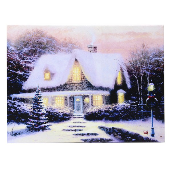 40 x 30cm Operated Christmas LED Snowy Cottage Xmas Canvas Print Wall Art