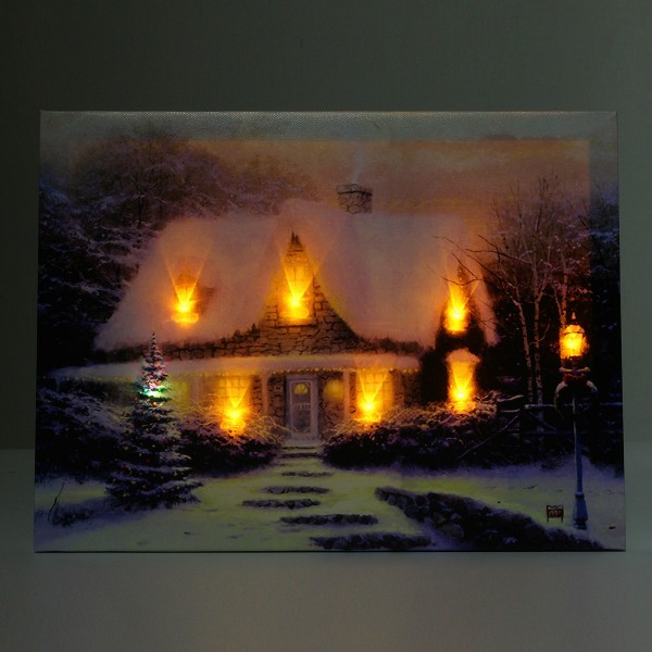 40 x 30cm Operated Christmas LED Snowy Cottage Xmas Canvas Print Wall Art