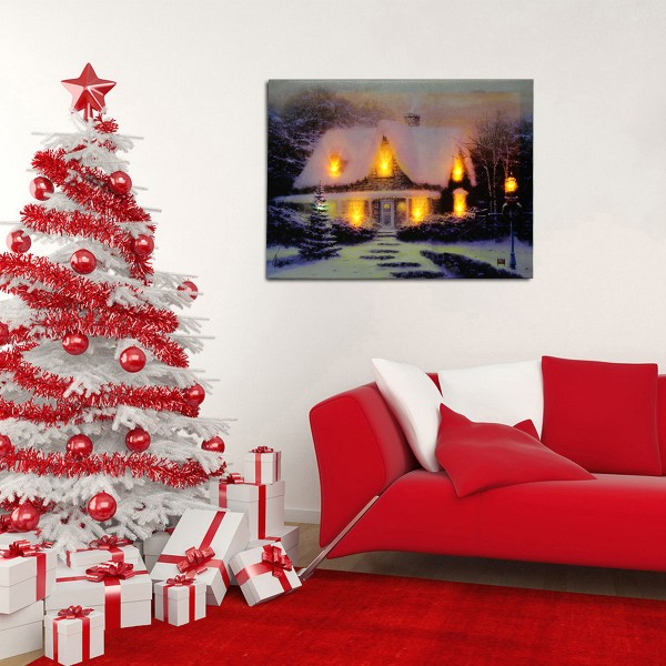 40 x 30cm Operated Christmas LED Snowy Cottage Xmas Canvas Print Wall Art