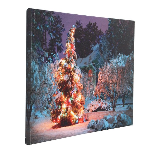 40 x 30cm Battery Operated LED Christmas Snowy House Front Tree Xmas Canvas Print Wall Art