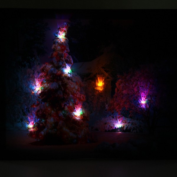 40 x 30cm Battery Operated LED Christmas Snowy House Front Tree Xmas Canvas Print Wall Art