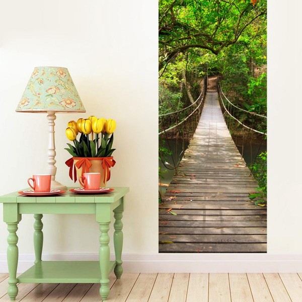 200X77CM 3D Wood Bridge PVC Self Adhesive Door Wall Sticker Living Room Mural Forest Bridge Decor