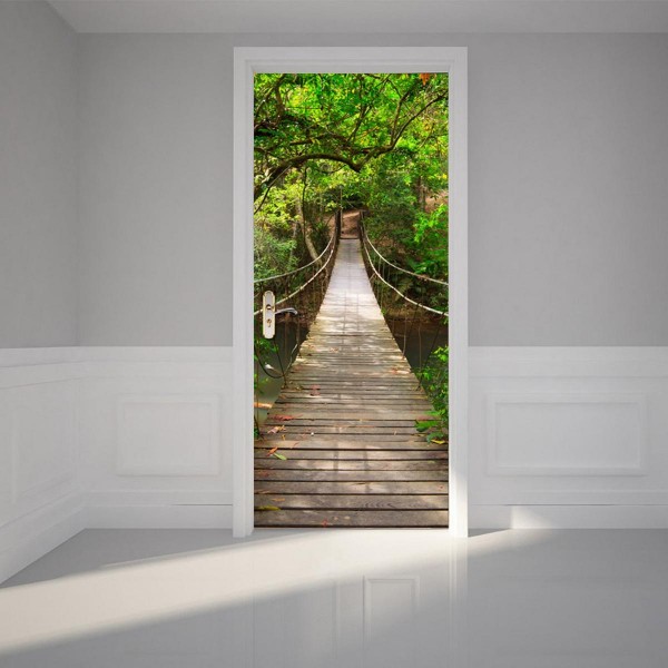 200X77CM 3D Wood Bridge PVC Self Adhesive Door Wall Sticker Living Room Mural Forest Bridge Decor