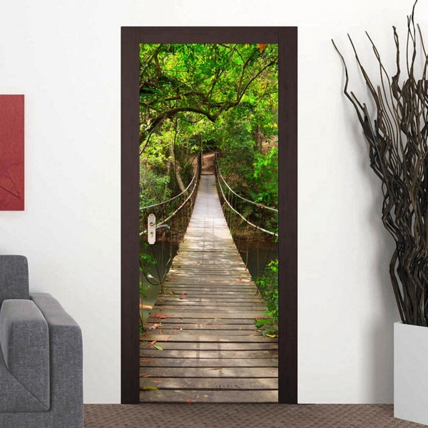 200X77CM 3D Wood Bridge PVC Self Adhesive Door Wall Sticker Living Room Mural Forest Bridge Decor