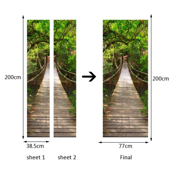 200X77CM 3D Wood Bridge PVC Self Adhesive Door Wall Sticker Living Room Mural Forest Bridge Decor