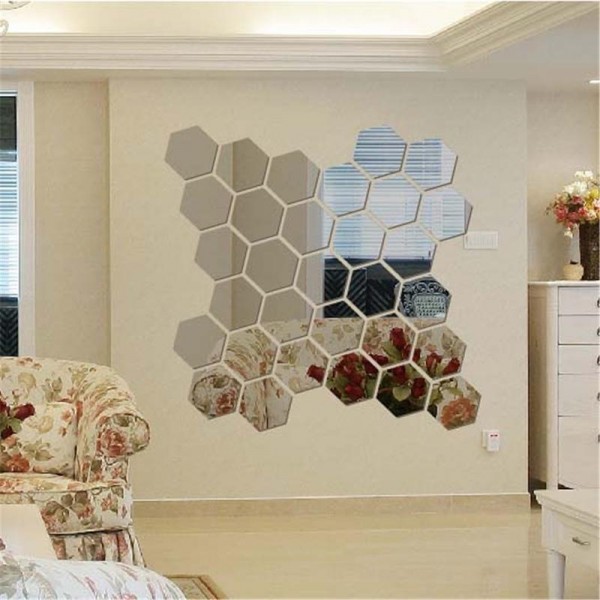 DX-Y5 12Pcs Cute Silver DIY Sexangle Mirror Wall Stickers Home Wall Bedroom Office Decor