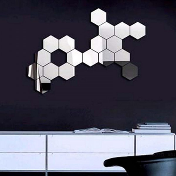 DX-Y5 12Pcs Cute Silver DIY Sexangle Mirror Wall Stickers Home Wall Bedroom Office Decor