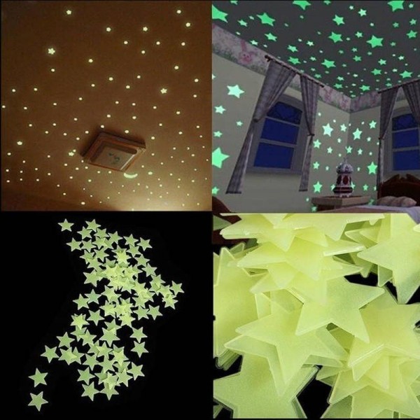 100pcs 3D Stars Glow In Dark Luminous Tape Fluorescent Plastic Wall Sticker Wall Decal Decorations