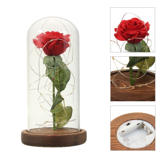 Red Rose Lights Decorations Beauty Enchanted Preserved Red Fresh Rose Glass Cover with LED Light