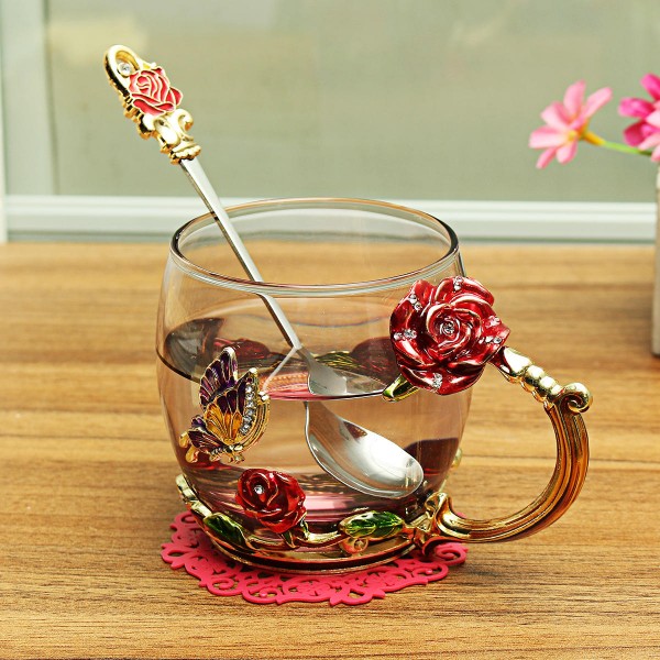 Enamel Glass Rose Flower Tea Cup Set Spoon Coffee Cup Cold Drinks Mug