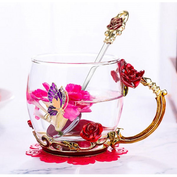 Enamel Glass Rose Flower Tea Cup Set Spoon Coffee Cup Cold Drinks Mug