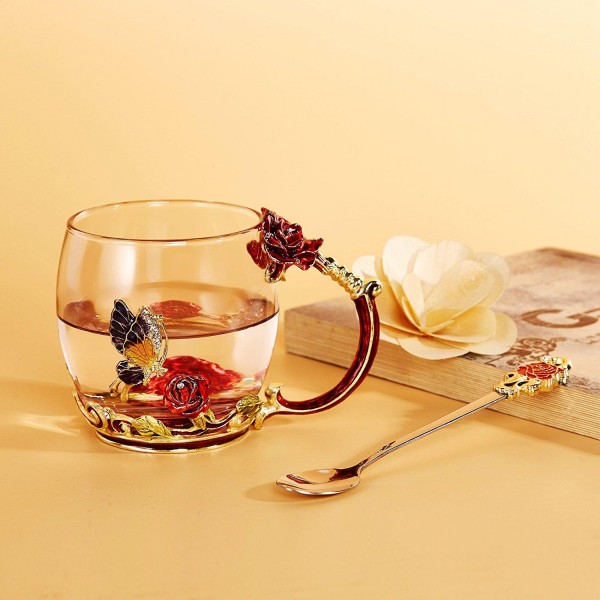 Enamel Glass Rose Flower Tea Cup Set Spoon Coffee Cup Cold Drinks Mug