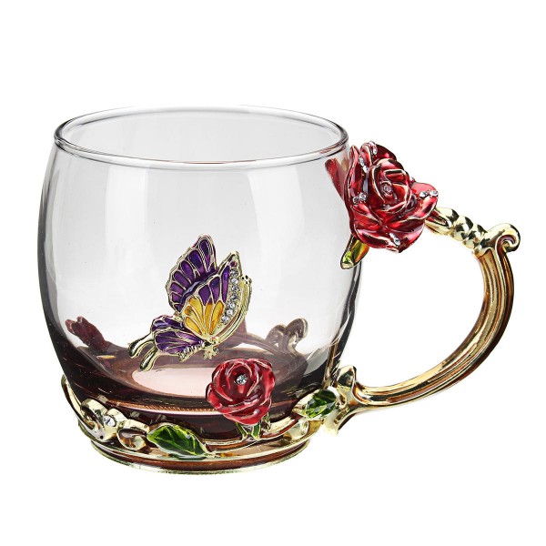 Enamel Glass Rose Flower Tea Cup Set Spoon Coffee Cup Cold Drinks Mug