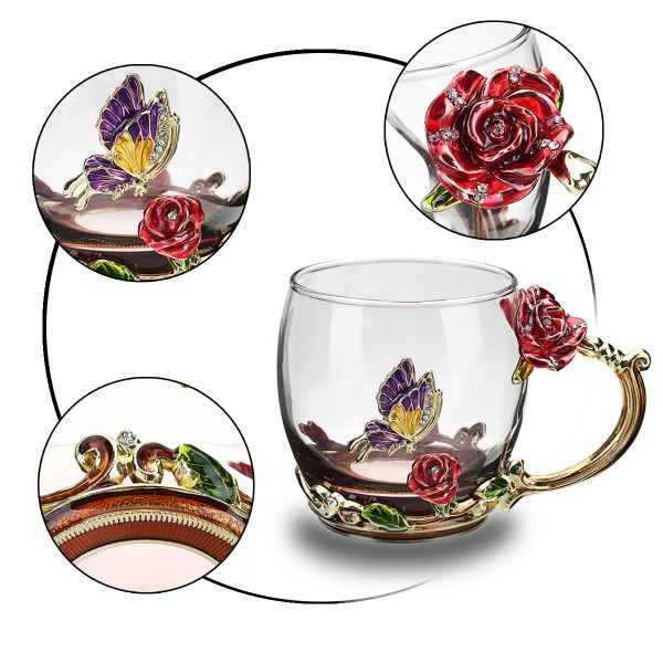 Enamel Glass Rose Flower Tea Cup Set Spoon Coffee Cup Cold Drinks Mug