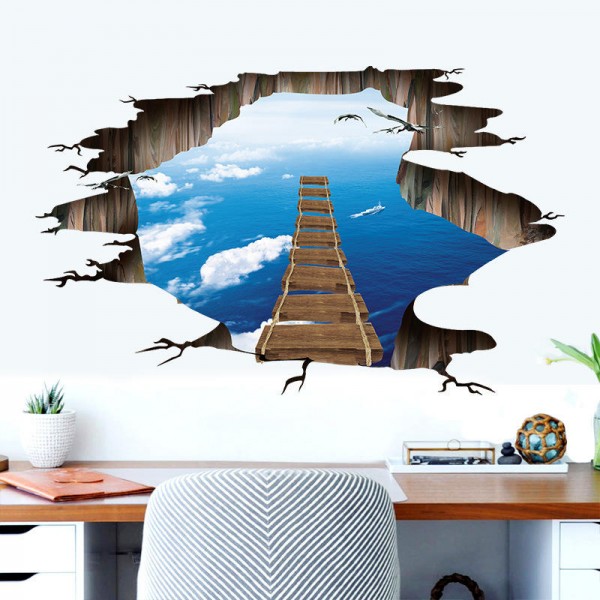 Miico Creative 3D Sky Suspension Bridge Broken Wall Removable Home Room Decorative Wall Door Decor Sticker