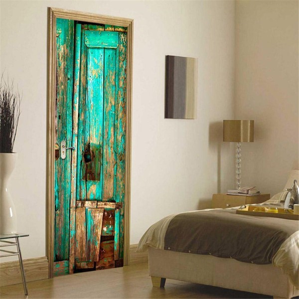 3D Door Wall Vintage Green Wooden Door Self Adhesive Mural Decals Wall Sticker Home Decor