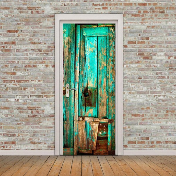 3D Door Wall Vintage Green Wooden Door Self Adhesive Mural Decals Wall Sticker Home Decor