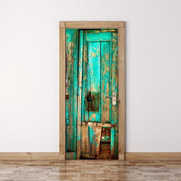 3D Door Wall Vintage Green Wooden Door Self Adhesive Mural Decals Wall Sticker Home Decor