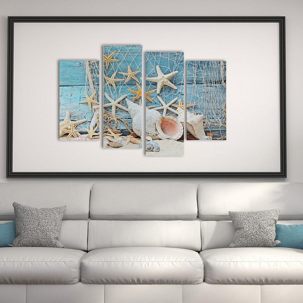 4Pcs Conch Fishnet Starfish Beach Canvas Paintings Pictures Waterproof Frameless