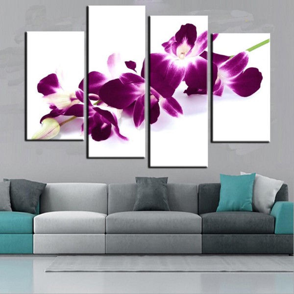 4Pcs Plum Purple Orchids Floral Canvas Pictue Wall Print Split Art Paintings Home Decor