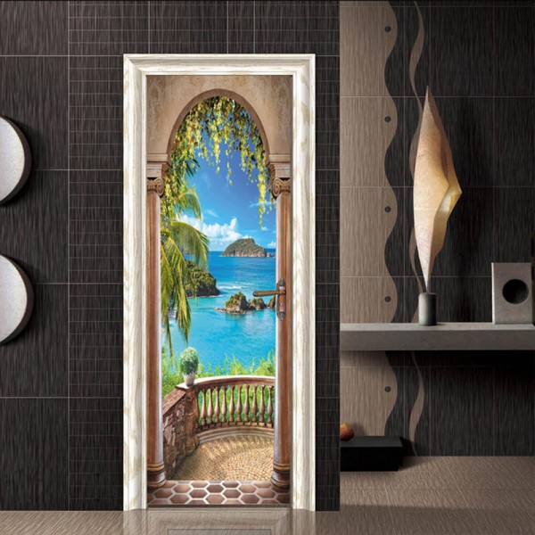 3D Sea Balkong Arch Door Wall Sticker Sj&auml;lvh&auml;ftande v&auml;ggm&aring;lning Foto V&auml;ggdekal