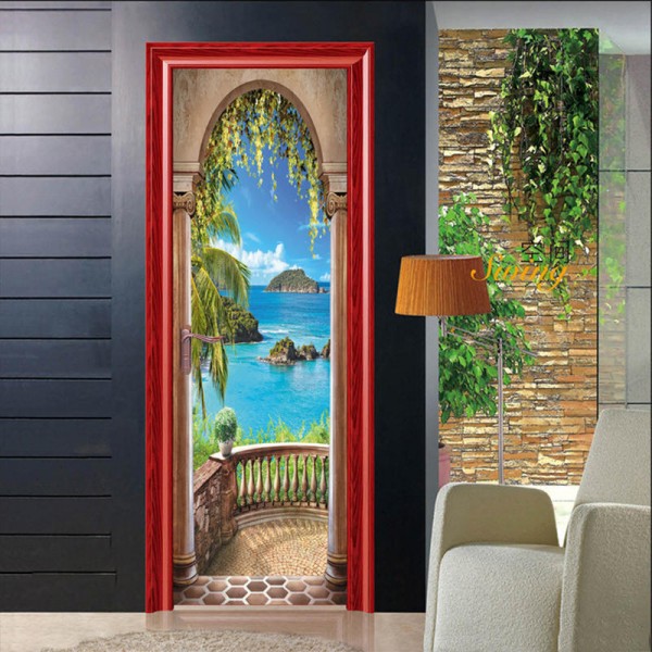 3D Sea Balkong Arch Door Wall Sticker Sj&auml;lvh&auml;ftande v&auml;ggm&aring;lning Foto V&auml;ggdekal