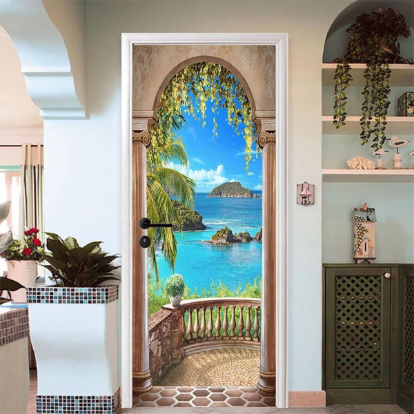 3D Sea Balkong Arch Door Wall Sticker Sj&auml;lvh&auml;ftande v&auml;ggm&aring;lning Foto V&auml;ggdekal